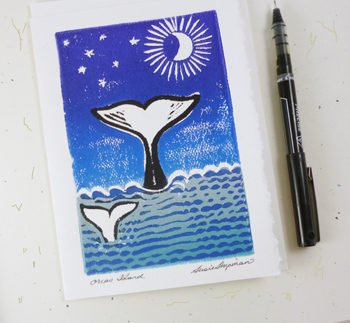 SJS-C Linoleum Block Print Card, Whale Tail, BLUE - Click Image to Close